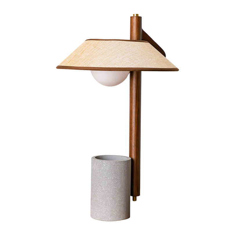 Traditional Vintage Frustum Cone Ash Wood Cement Fabric 1-Light Table Lamp For Bedroom