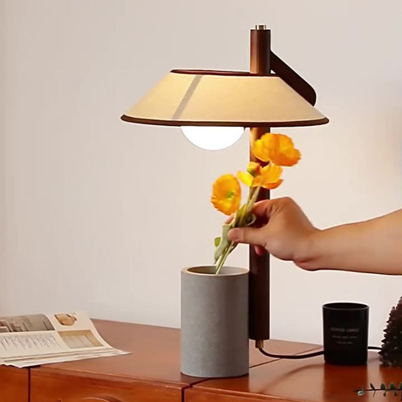 Traditional Vintage Frustum Cone Ash Wood Cement Fabric 1-Light Table Lamp For Bedroom