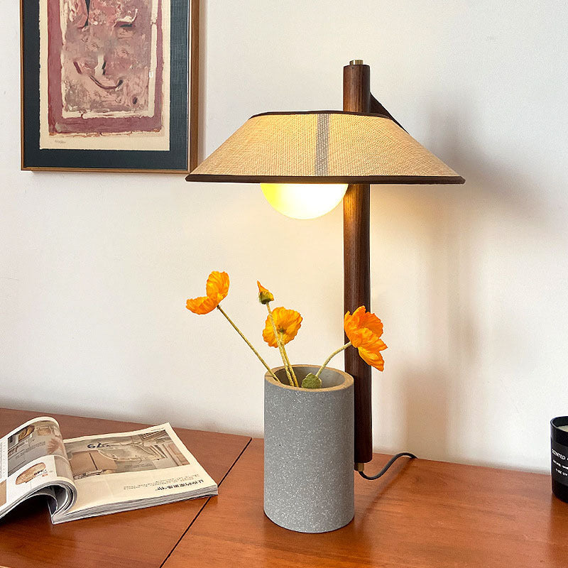 Traditional Vintage Frustum Cone Ash Wood Cement Fabric 1-Light Table Lamp For Bedroom