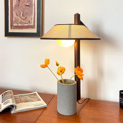 Traditional Vintage Frustum Cone Ash Wood Cement Fabric 1-Light Table Lamp For Bedroom