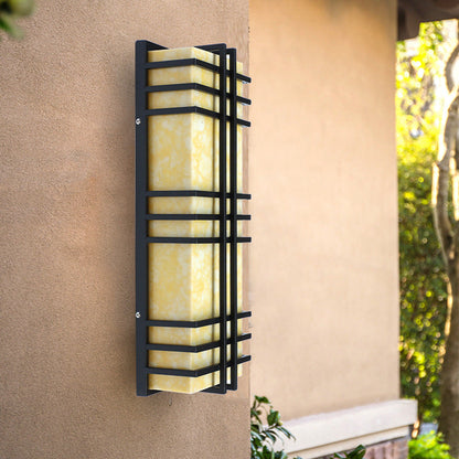 Architectural Wall Sconce in Prairie Style – Amber Frosted Glass & Black Grid Design