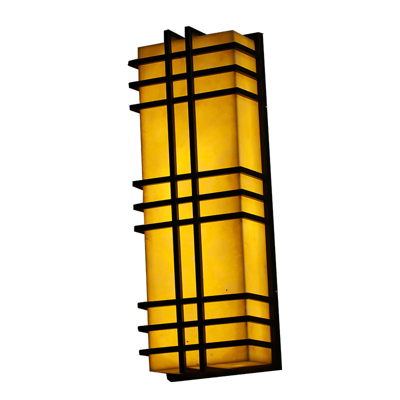 Architectural Wall Sconce in Prairie Style – Amber Frosted Glass & Black Grid Design