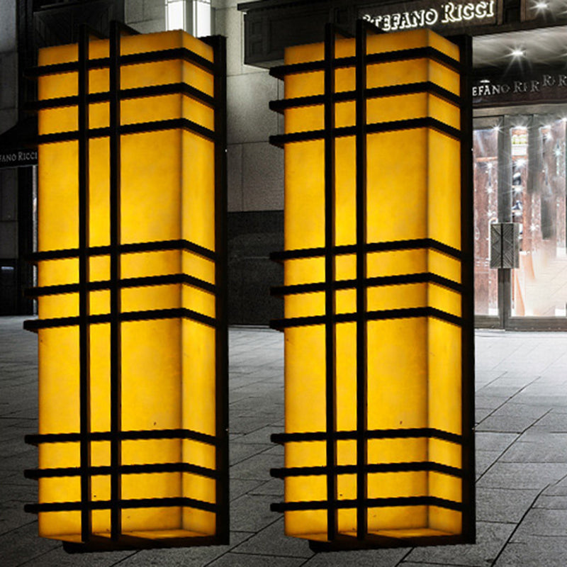 Architectural Wall Sconce in Prairie Style – Amber Frosted Glass & Black Grid Design