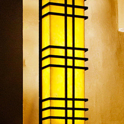 Architectural Wall Sconce in Prairie Style – Amber Frosted Glass & Black Grid Design