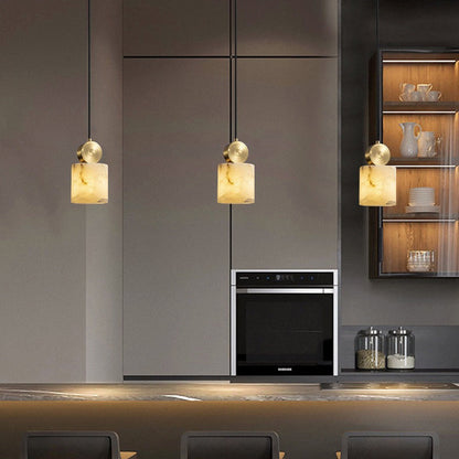 Contemporary Luxury Cylinder Marble Pendant Light with Brass Top 1-Light for Bedroom
