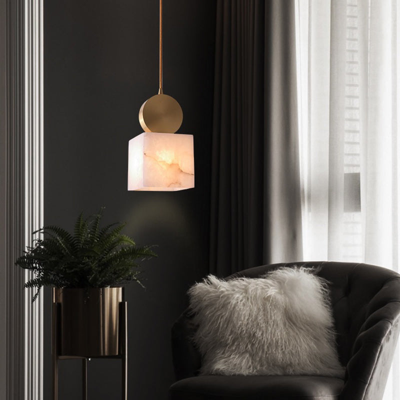Contemporary Luxury Cylinder Marble Pendant Light with Brass Top 1-Light for Bedroom