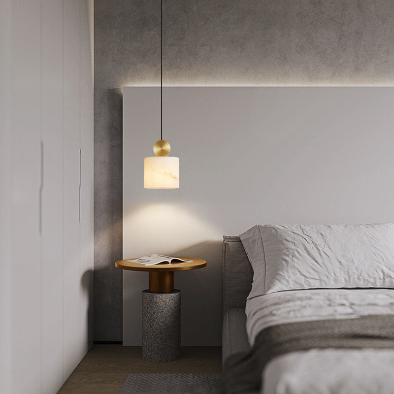 Contemporary Luxury Cylinder Marble Pendant Light with Brass Top 1-Light for Bedroom