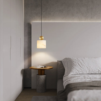 Contemporary Luxury Cylinder Marble Pendant Light with Brass Top 1-Light for Bedroom