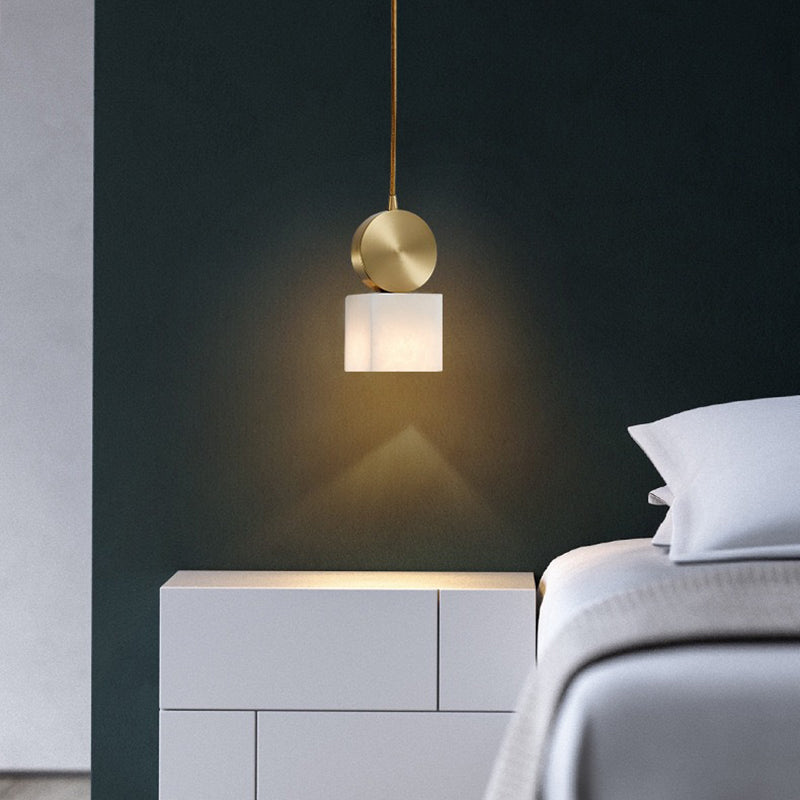 Contemporary Luxury Cylinder Marble Pendant Light with Brass Top 1-Light for Bedroom