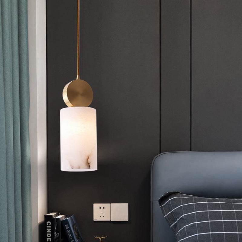 Contemporary Luxury Cylinder Marble Pendant Light with Brass Top 1-Light for Bedroom
