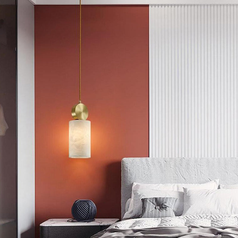 Contemporary Luxury Cylinder Marble Pendant Light with Brass Top 1-Light for Bedroom