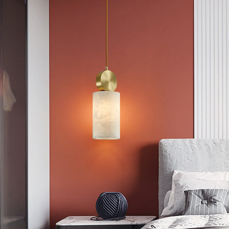 Contemporary Luxury Cylinder Marble Pendant Light with Brass Top 1-Light for Bedroom