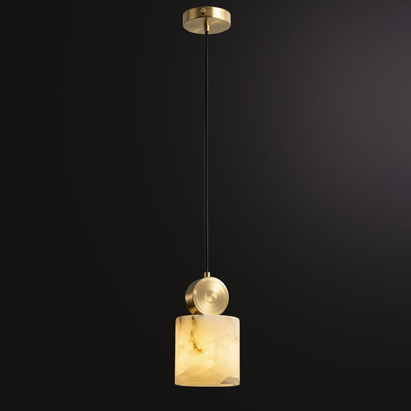 Contemporary Luxury Cylinder Marble Pendant Light with Brass Top 1-Light for Bedroom