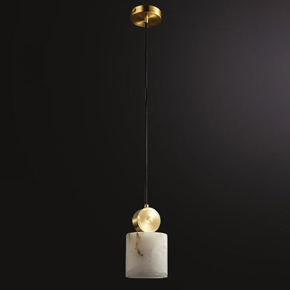 Contemporary Luxury Cylinder Marble Pendant Light with Brass Top 1-Light for Bedroom