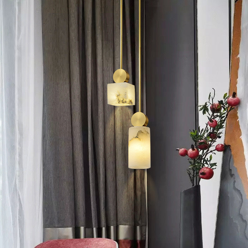 Contemporary Luxury Cylinder Marble Pendant Light with Brass Top 1-Light for Bedroom