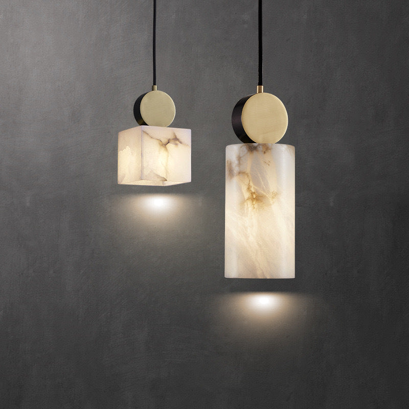 Contemporary Luxury Cylinder Marble Pendant Light with Brass Top 1-Light for Bedroom
