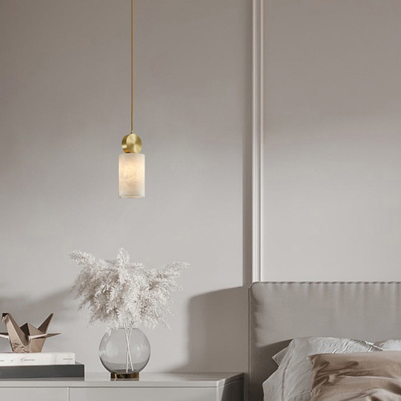 Contemporary Luxury Cylinder Marble Pendant Light with Brass Top 1-Light for Bedroom