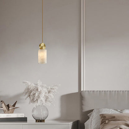 Contemporary Luxury Cylinder Marble Pendant Light with Brass Top 1-Light for Bedroom