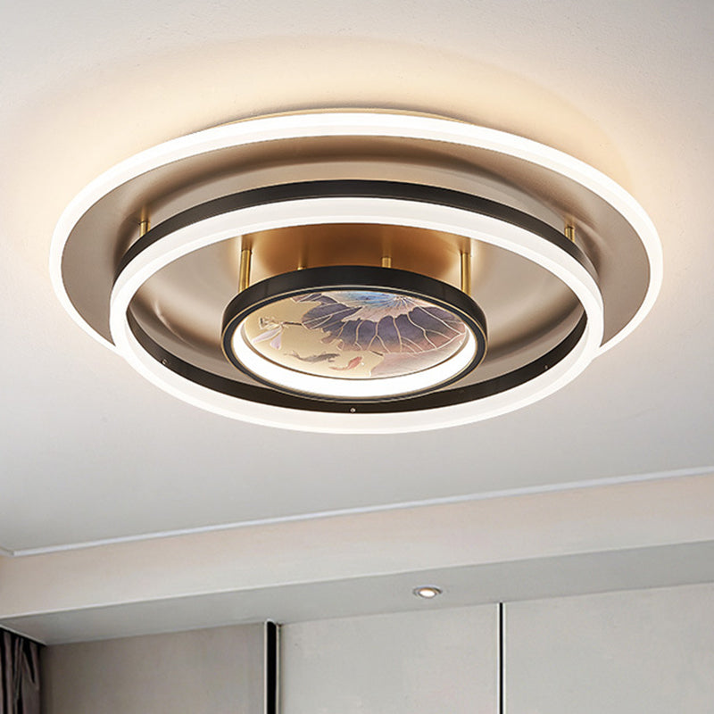 Chinese Style Semi-Flush Mount Ceiling Light – Brass & Acrylic LED with Triple-Ring Design for Bedroom