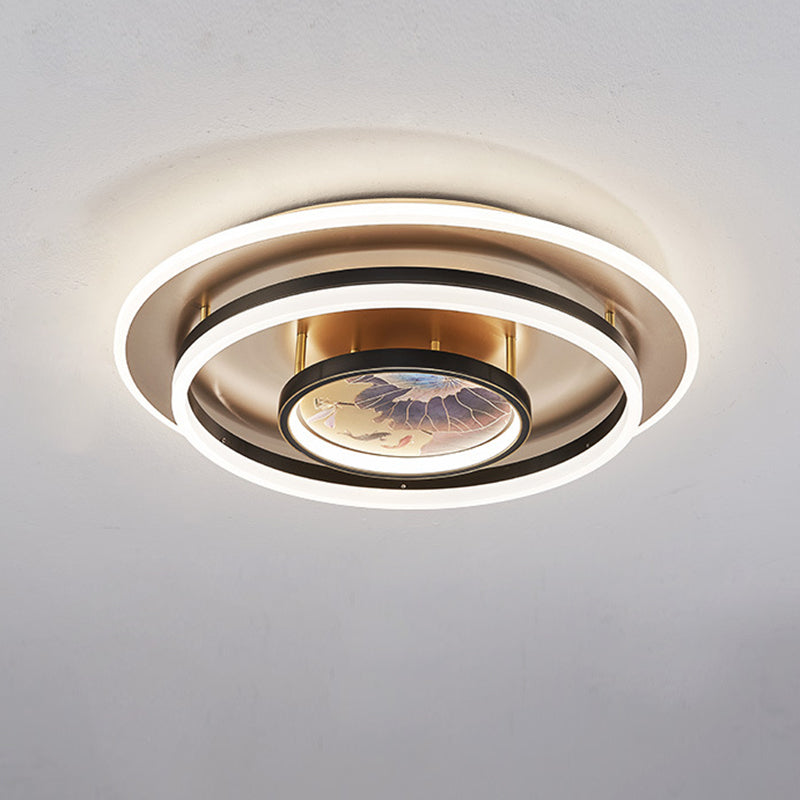 Chinese Style Semi-Flush Mount Ceiling Light – Brass & Acrylic LED with Triple-Ring Design for Bedroom