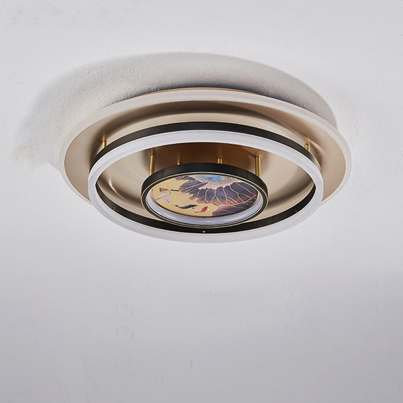 Chinese Style Semi-Flush Mount Ceiling Light – Brass & Acrylic LED with Triple-Ring Design for Bedroom
