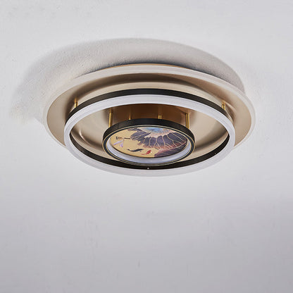 Chinese Style Semi-Flush Mount Ceiling Light – Brass & Acrylic LED with Triple-Ring Design for Bedroom