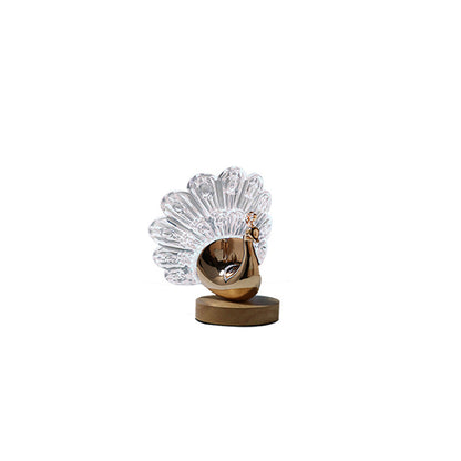 Peacock LED Table Lamp – Nordic Style Wooden Base with Metal & Acrylic Shade for Bedroom