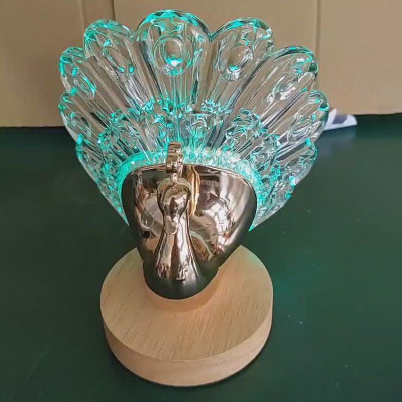 Peacock LED Table Lamp – Nordic Style Wooden Base with Metal & Acrylic Shade for Bedroom