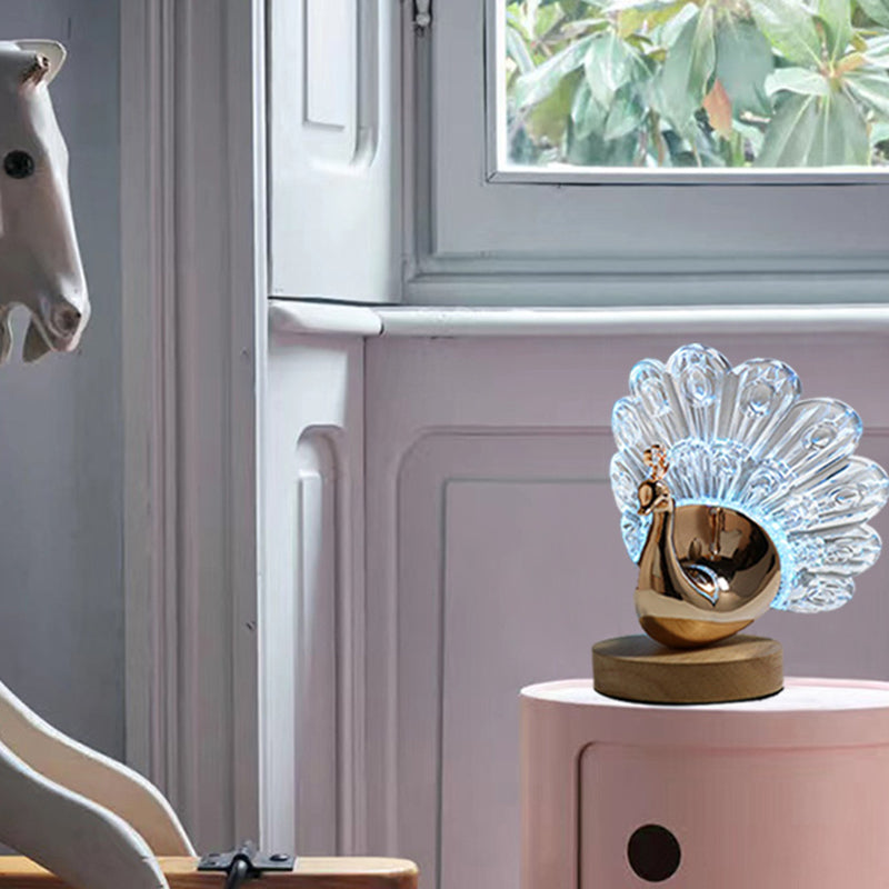 Peacock LED Table Lamp – Nordic Style Wooden Base with Metal & Acrylic Shade for Bedroom