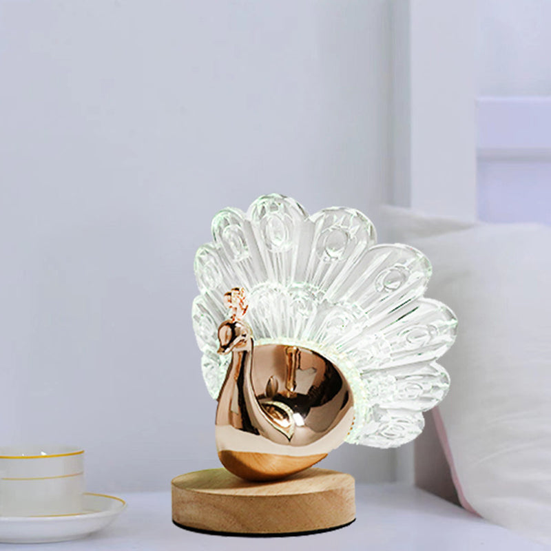 Peacock LED Table Lamp – Nordic Style Wooden Base with Metal & Acrylic Shade for Bedroom