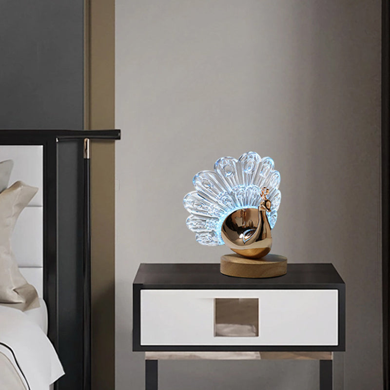 Peacock LED Table Lamp – Nordic Style Wooden Base with Metal & Acrylic Shade for Bedroom