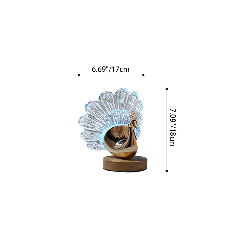 Peacock LED Table Lamp – Nordic Style Wooden Base with Metal & Acrylic Shade for Bedroom