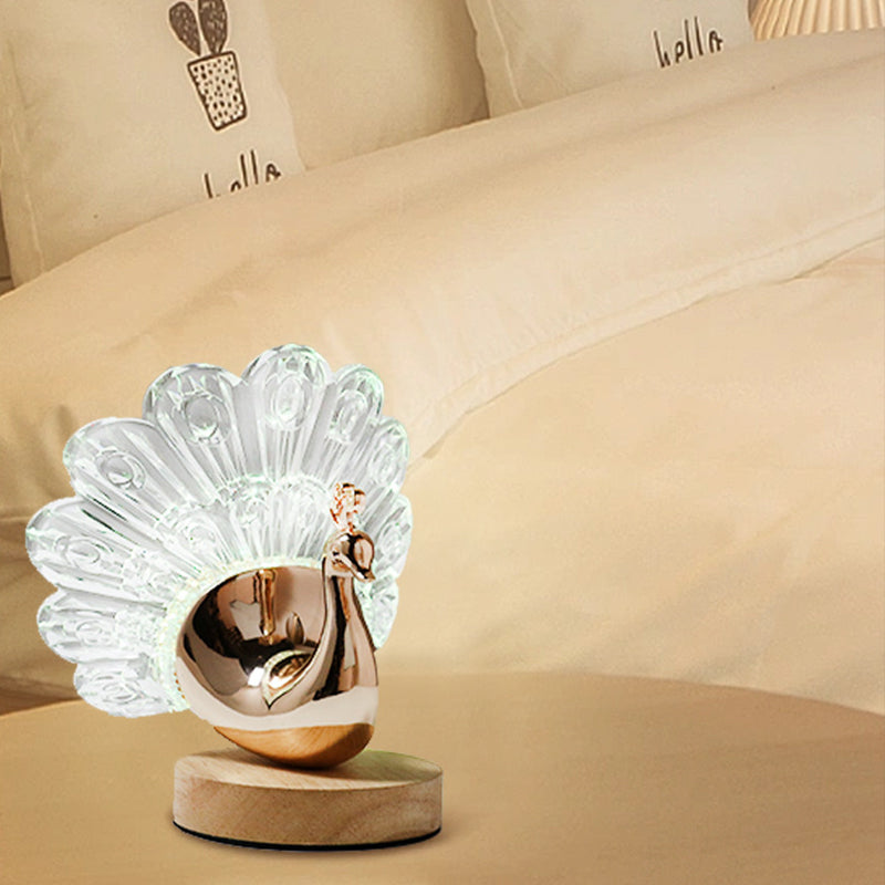 Peacock LED Table Lamp – Nordic Style Wooden Base with Metal & Acrylic Shade for Bedroom
