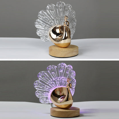 Peacock LED Table Lamp – Nordic Style Wooden Base with Metal & Acrylic Shade for Bedroom