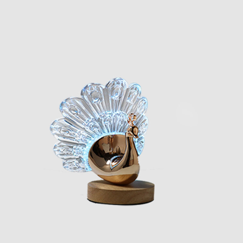 Peacock LED Table Lamp – Nordic Style Wooden Base with Metal & Acrylic Shade for Bedroom