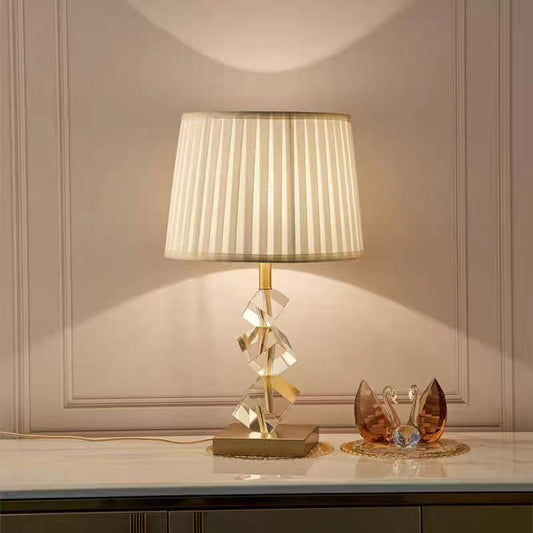 Luxury Crystal Table Lamp – 1-Light Modern Bedroom Lamp with Stacked Irregular Crystals & Fabric Shade