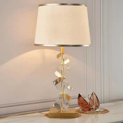 Luxury Crystal Table Lamp – 1-Light Modern Bedroom Lamp with Stacked Irregular Crystals & Fabric Shade
