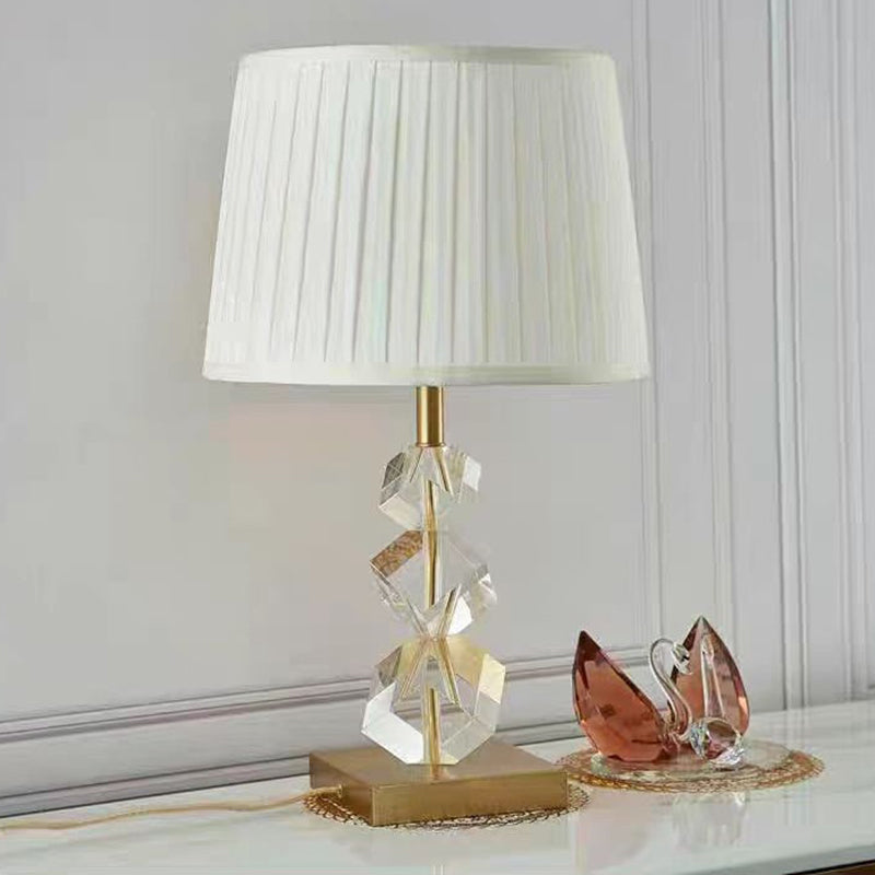 Luxury Crystal Table Lamp – 1-Light Modern Bedroom Lamp with Stacked Irregular Crystals & Fabric Shade