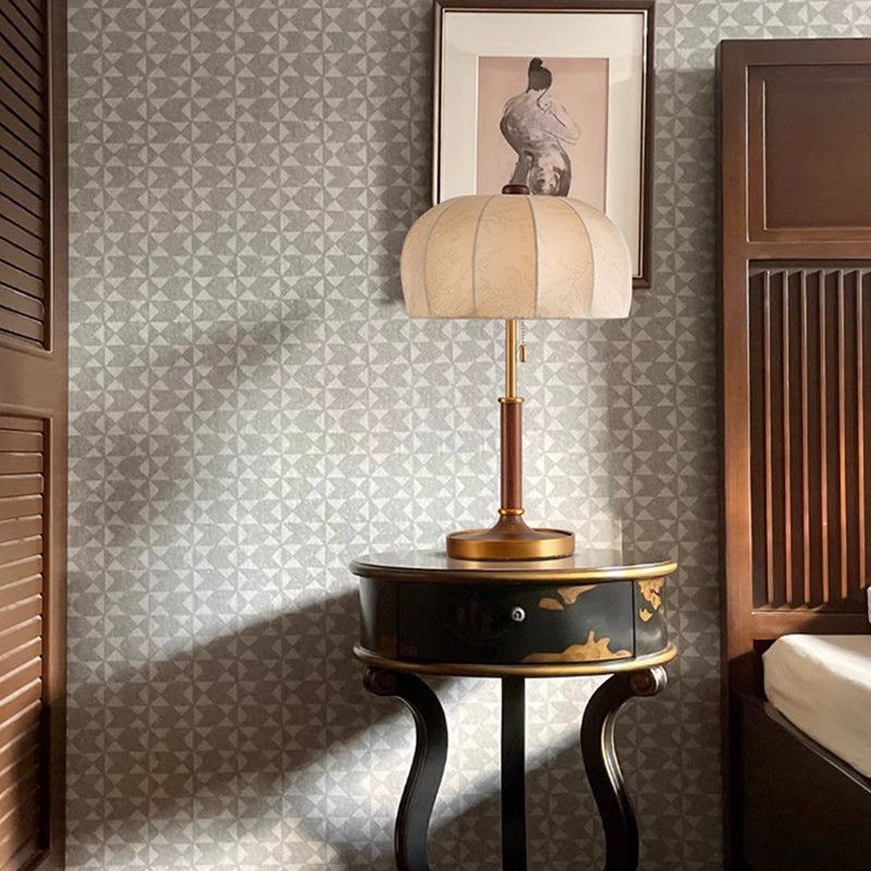 French Dome Table Lamp – 1-Light Ash Wood & Metal Base with Fabric Shade for Bedroom