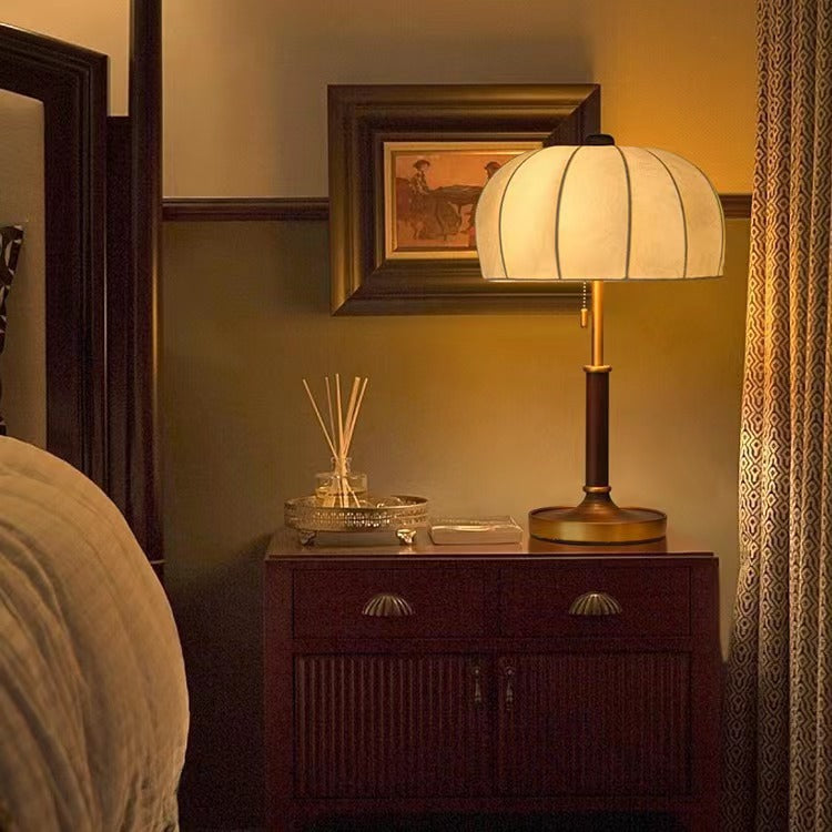 French Dome Table Lamp – 1-Light Ash Wood & Metal Base with Fabric Shade for Bedroom
