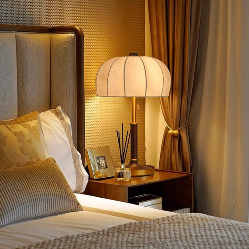 French Dome Table Lamp – 1-Light Ash Wood & Metal Base with Fabric Shade for Bedroom