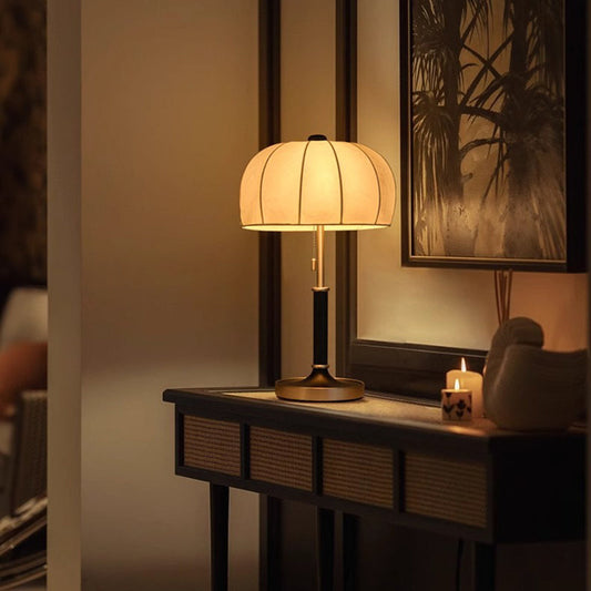 French Dome Table Lamp – 1-Light Ash Wood & Metal Base with Fabric Shade for Bedroom