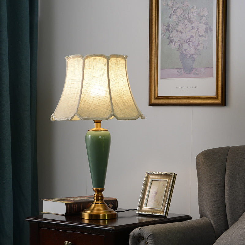 Contemporary Nordic Table Lamp – 1-Light Copper & Ceramic with Tapered Fabric Shade for Bedroom