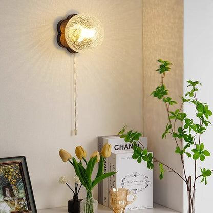French Floral Wall Sconce – 1-Light Ash Wood & Glass with Flower-Shaped Base for Bedroom