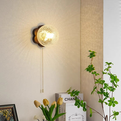 French Floral Wall Sconce – 1-Light Ash Wood & Glass with Flower-Shaped Base for Bedroom