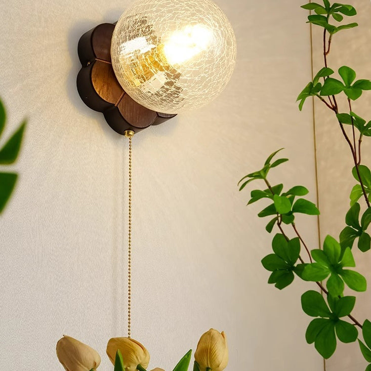 French Floral Wall Sconce – 1-Light Ash Wood & Glass with Flower-Shaped Base for Bedroom