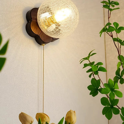 French Floral Wall Sconce – 1-Light Ash Wood & Glass with Flower-Shaped Base for Bedroom