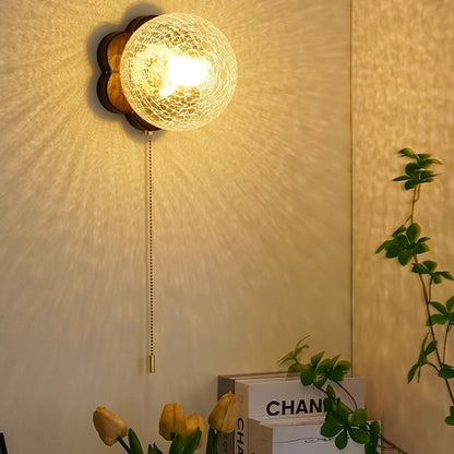 French Floral Wall Sconce – 1-Light Ash Wood & Glass with Flower-Shaped Base for Bedroom