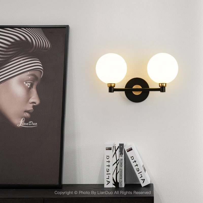 Modern Minimalist Wall Sconce – 2-Light Iron & Glass Globe Lamp for Bedroom