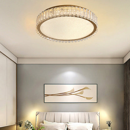 Modern Luxury LED Ceiling Light – Round Titanium & Crystal Flush Mount for Bedroom